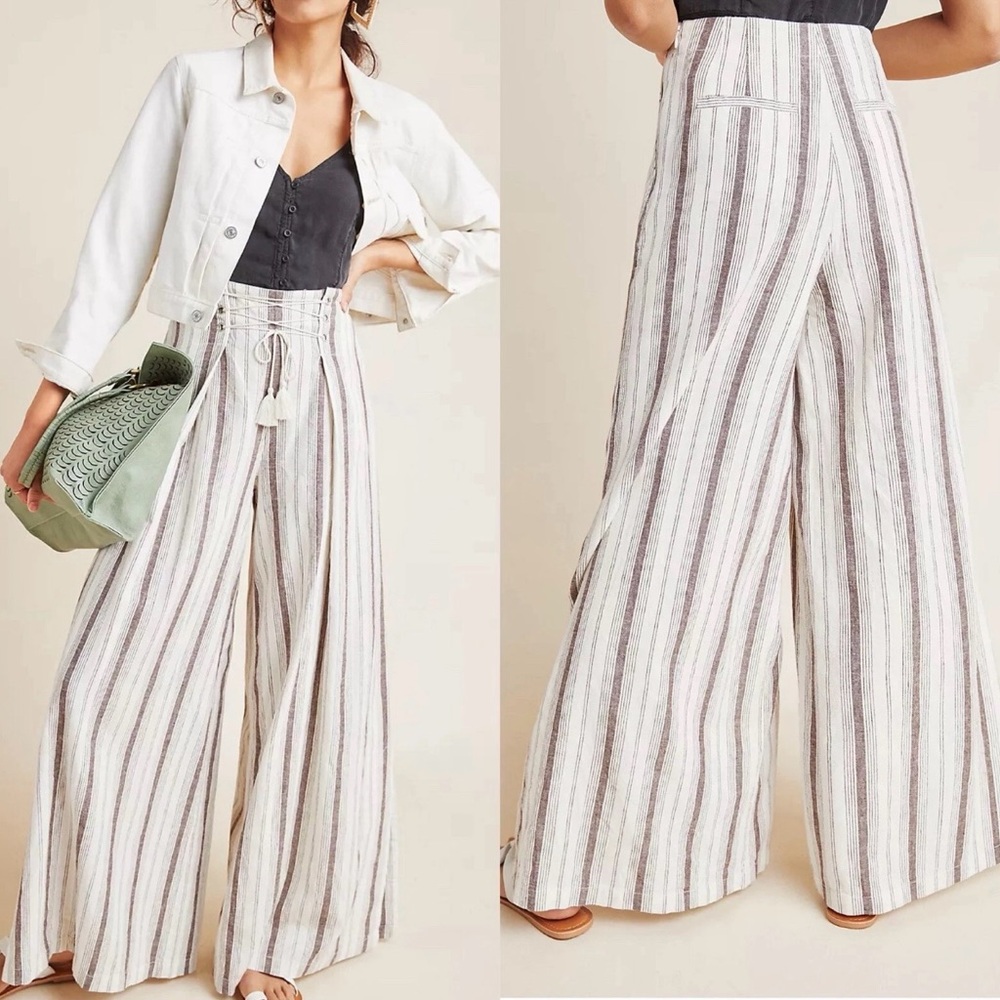 Anthropologie Chiara Linen Blend Corset Lace Up Wide Leg & Slit Trousers Size 14